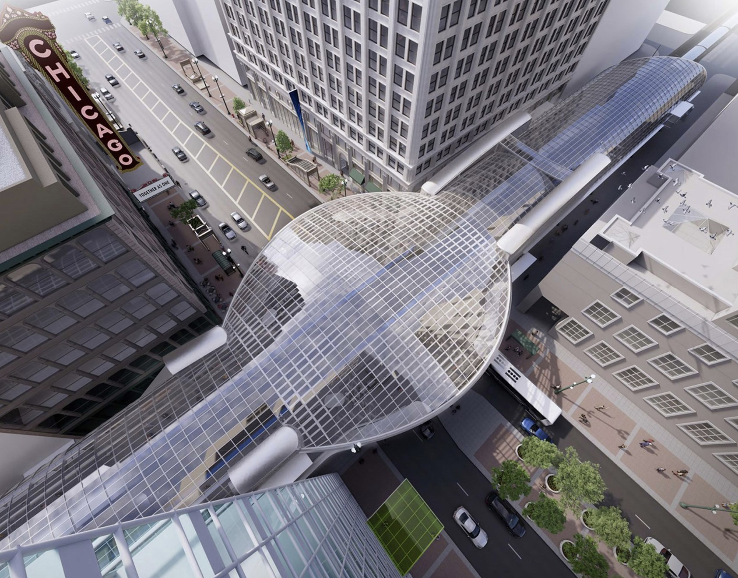 Aerial View of Rebuilt State/Lake CTA L Station. Rendering by SOM