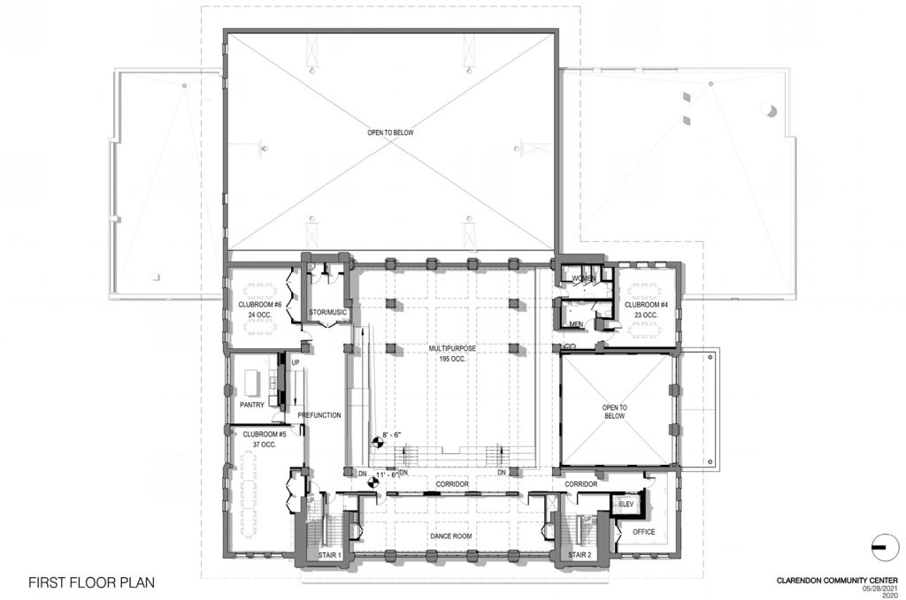 First Floor Plan for Clarendon Community Center. Drawing by Booth Hansen