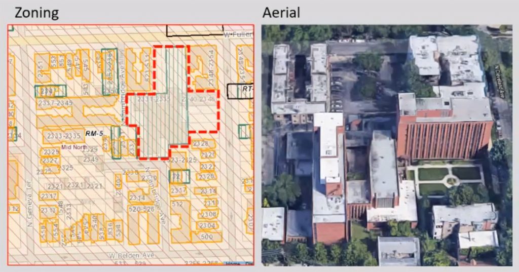 Zoning and Aerial Overview of 513 W Fullerton Avenue. Images by CCL