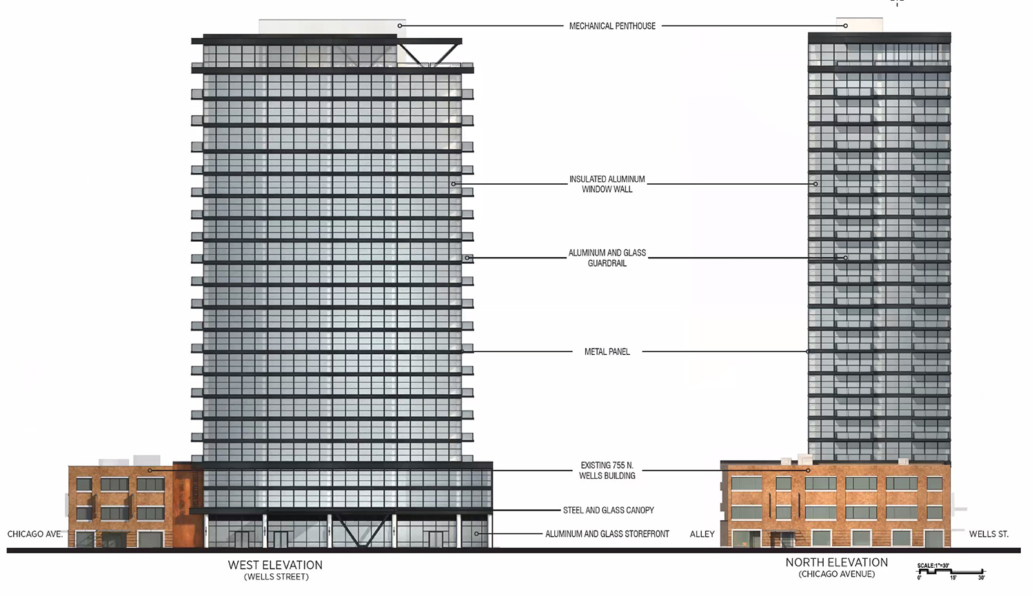 Elevations for 741 N Wells Street. Drawing by Antunovich Associates