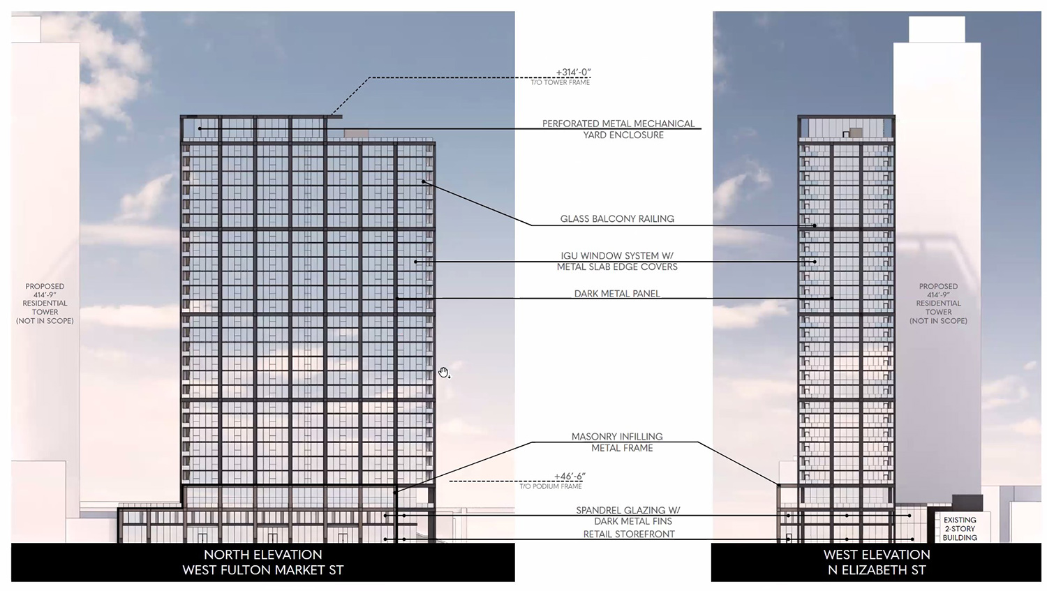 Elevations of 1245 W Fulton Market. Drawing by Hartshorne Plunkard Architecture