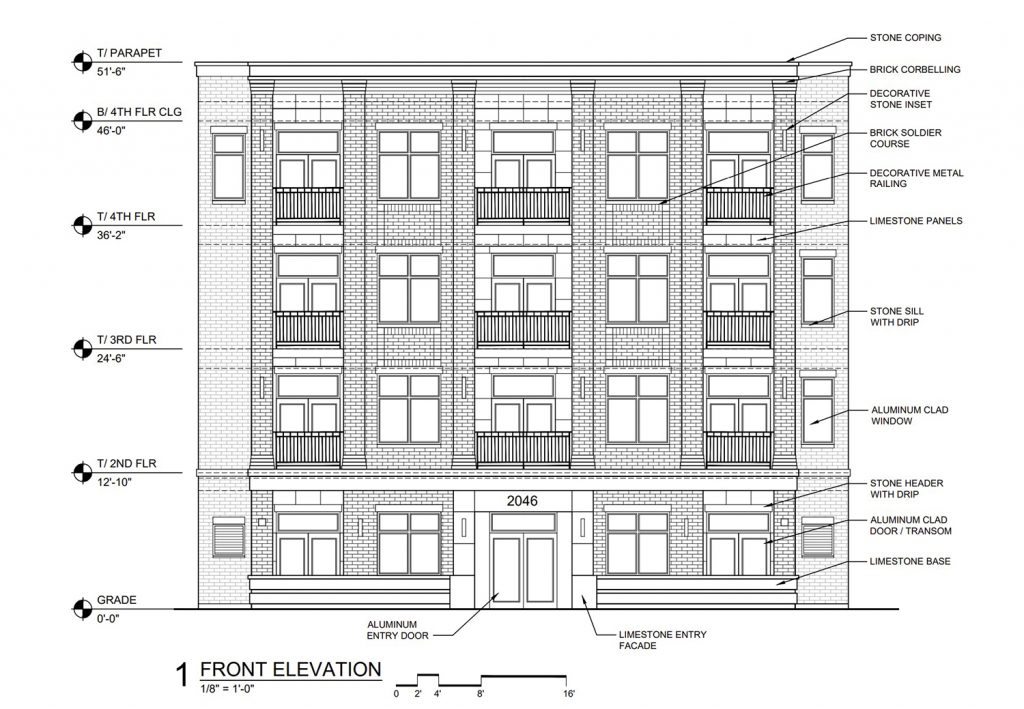 Front Elevation of 2046 W Irving Park Road. Drawing by SPACE Architects + Planners