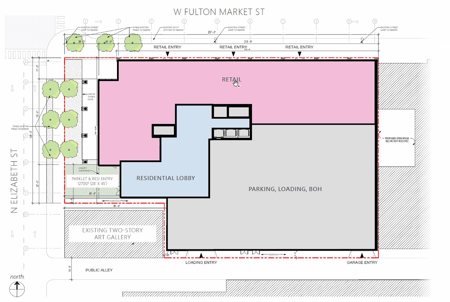 Ground Floor Plan for 1245 W Fulton Market. Drawing by Hartshorne Plunkard Architecture