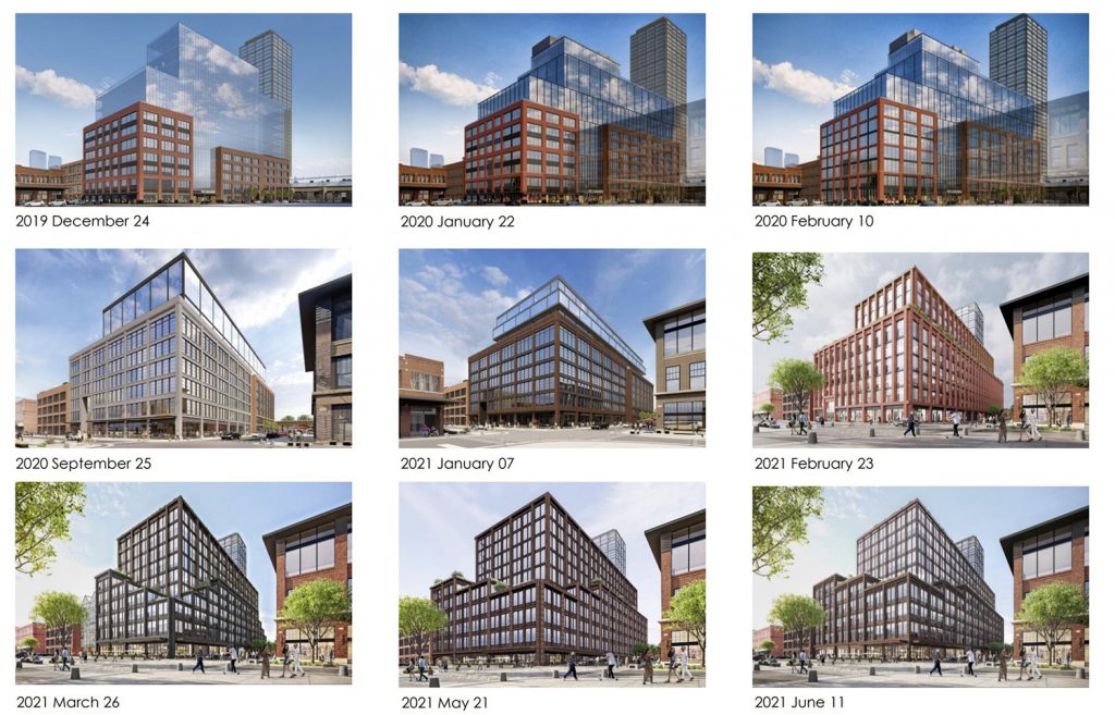 History of Design Revisions for 917 W Fulton Market. Renderings by Morris Adjmi Architects