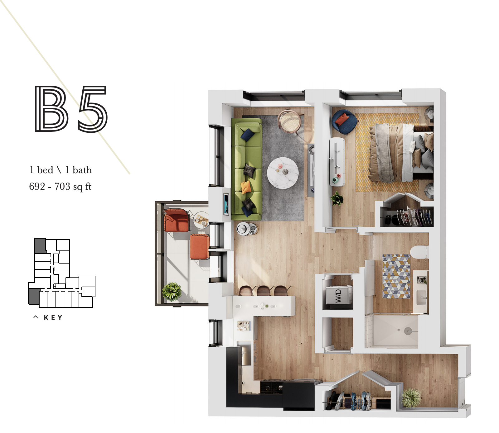 Motif on Belden sample one-bedroom floor plan