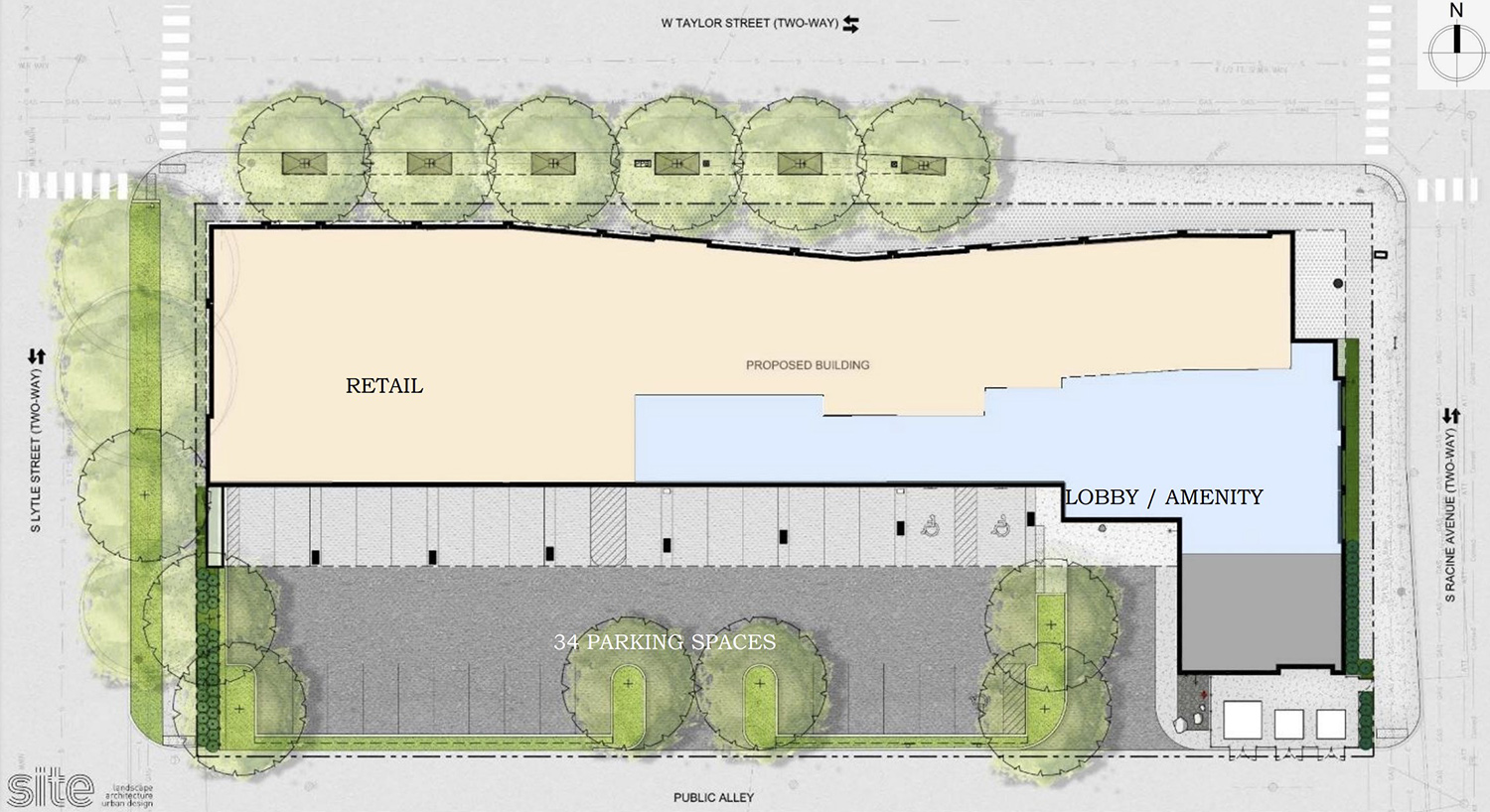 Site Plan for 1002 S Racine Avenue at Roosevelt Square 3B. Drawing by Site Design Group