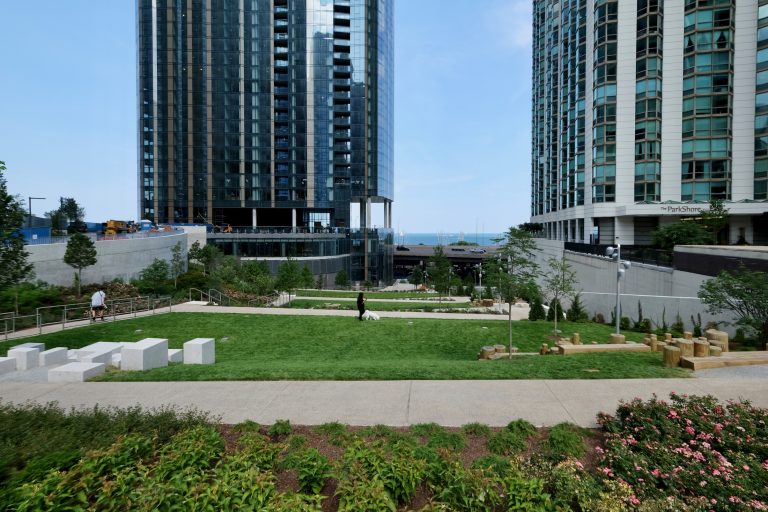 Cascade Apartments and Cascade Park Open in Lakeshore East Chicago YIMBY