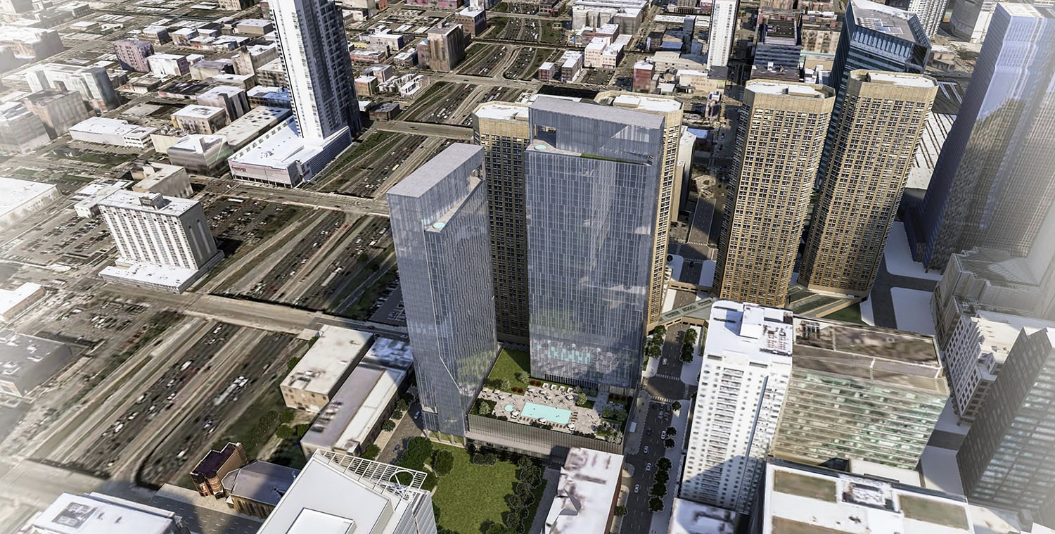 Aerial View of 601 W Monroe Street. Rendering by SCB