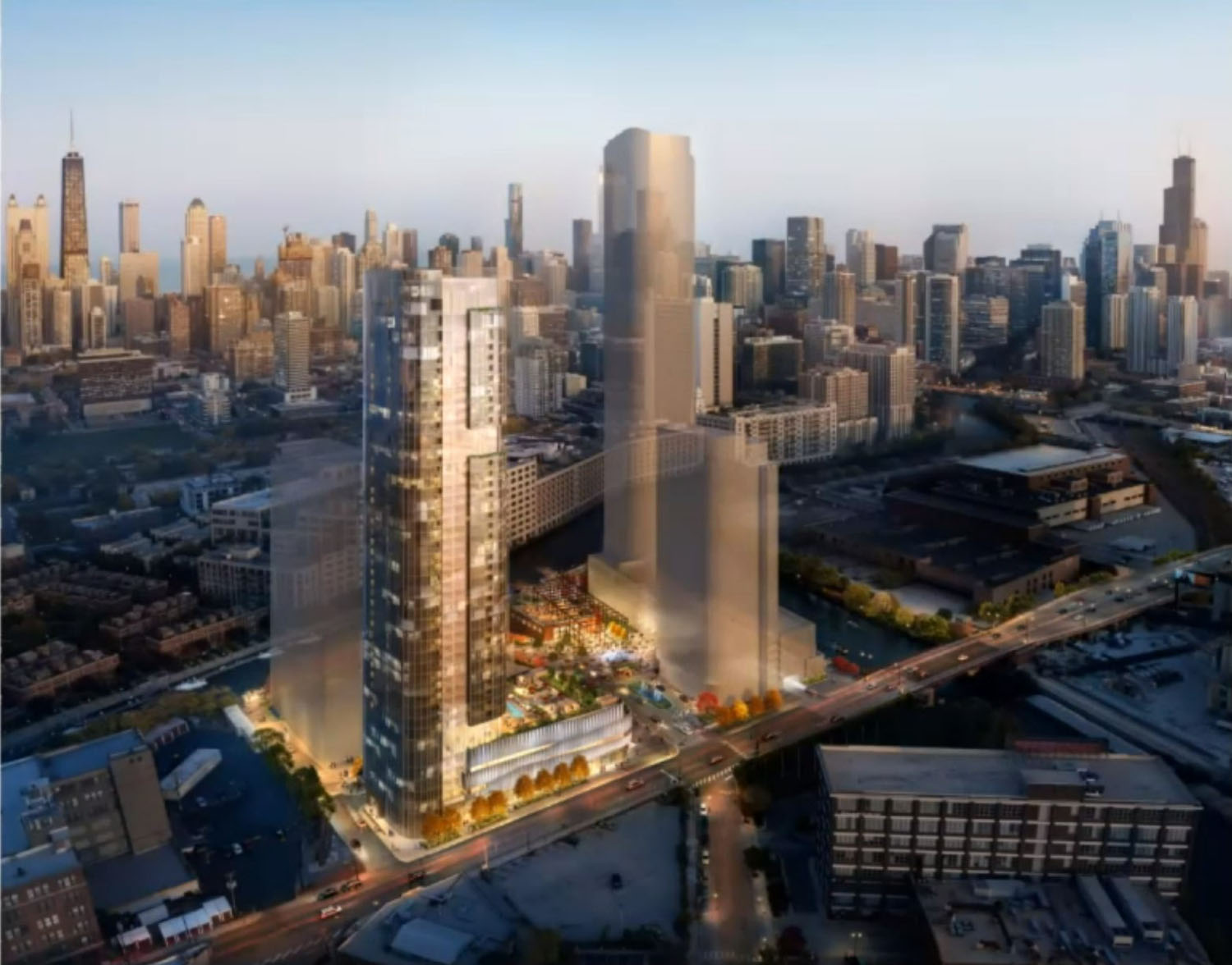 Aerial View of Halsted Pointe at 901 N Halsted Street. Rendering by Hartshorne Plunkard Architecture