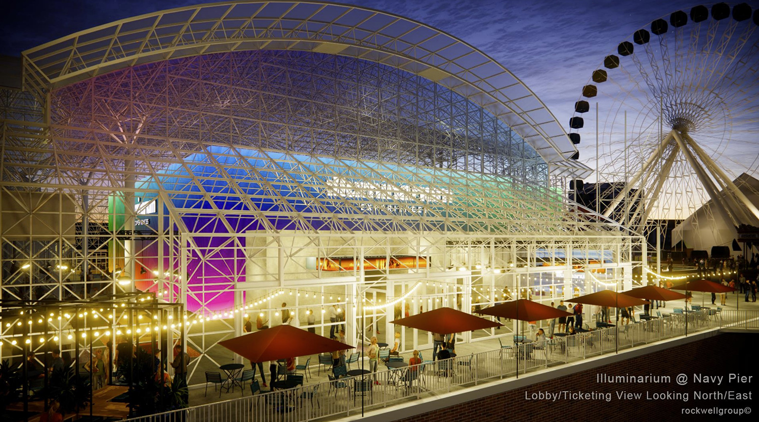 Exterior View of Illuminarium Chicago. Rendering by Rockwell Group