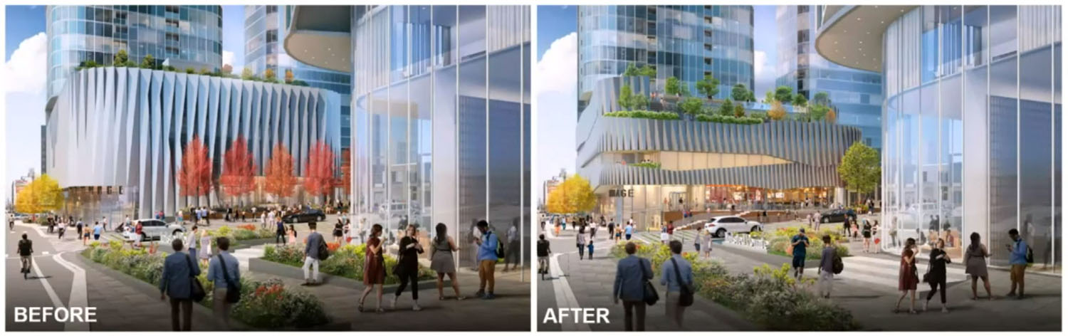 Original vs. Revised Podium of Phase 1 of Halsted Pointe at 901 N Halsted Street. Rendering by Hartshorne Plunkard Architecture