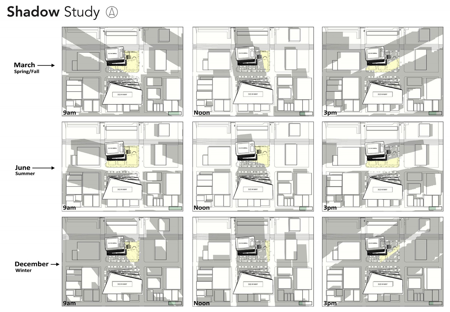 Shadow Study of 1112 W Carroll Avenue and 315 N May Street. Diagrams by ESG Architects