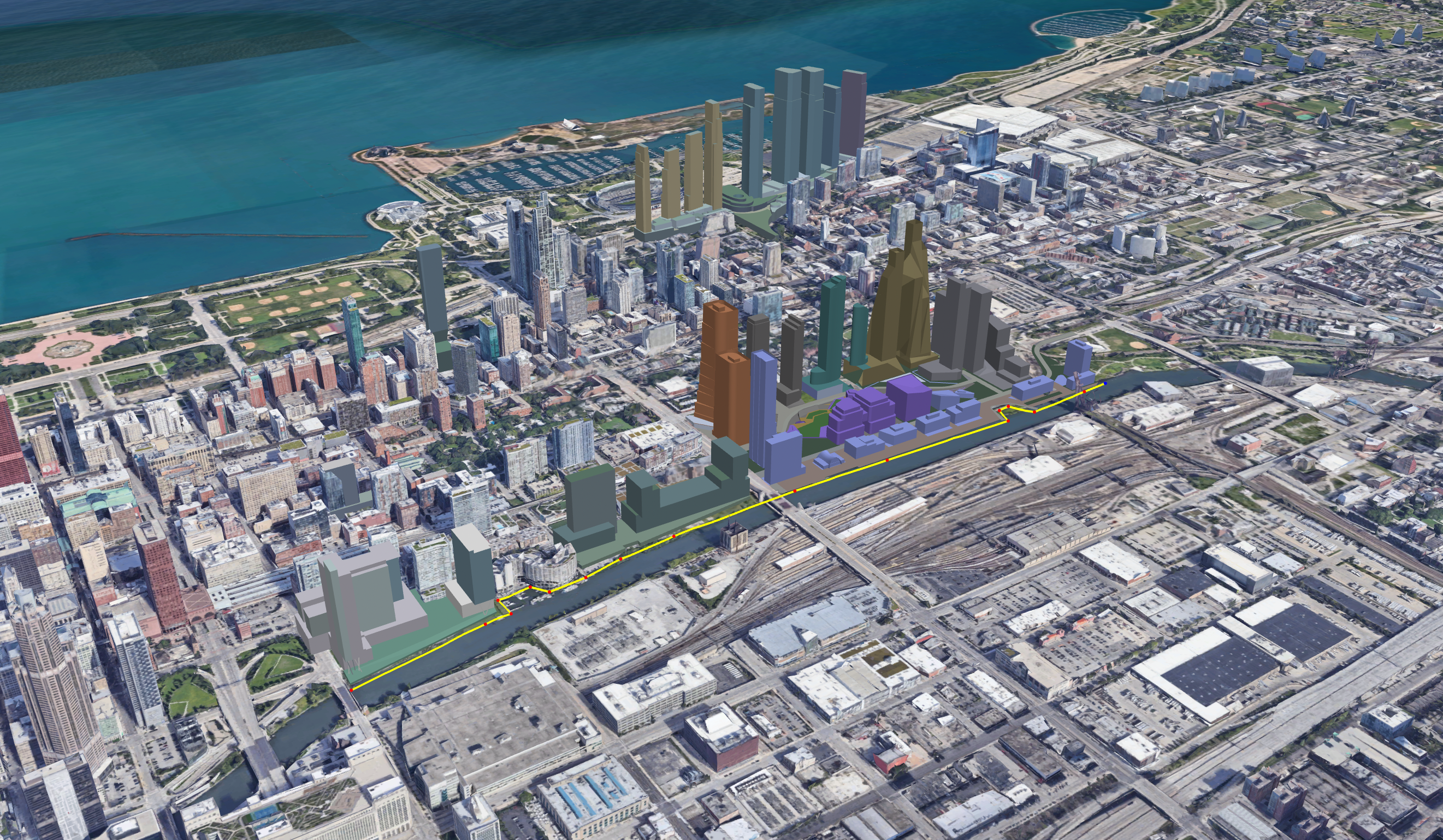 Planned South Loop developments. Southbank on left and envisioned Riverwalk connection highlighted in yellow