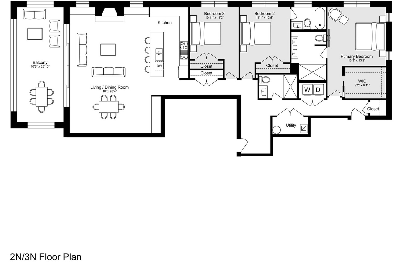 Sample three-bedroom floor plan