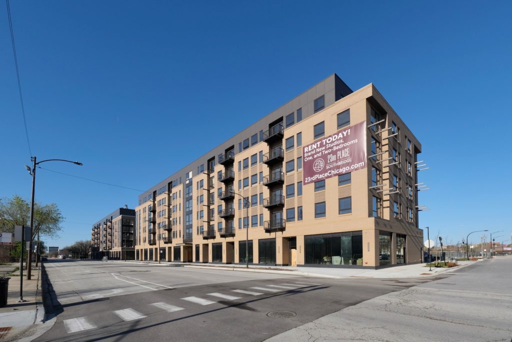 Exterior Construction Now Complete for 23rd Place at Southbridge in Near South Side Chicago YIMBY