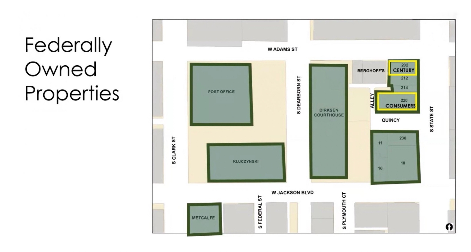 Federally owned properties (green); 202 and 220 S State Street outlined in yellow