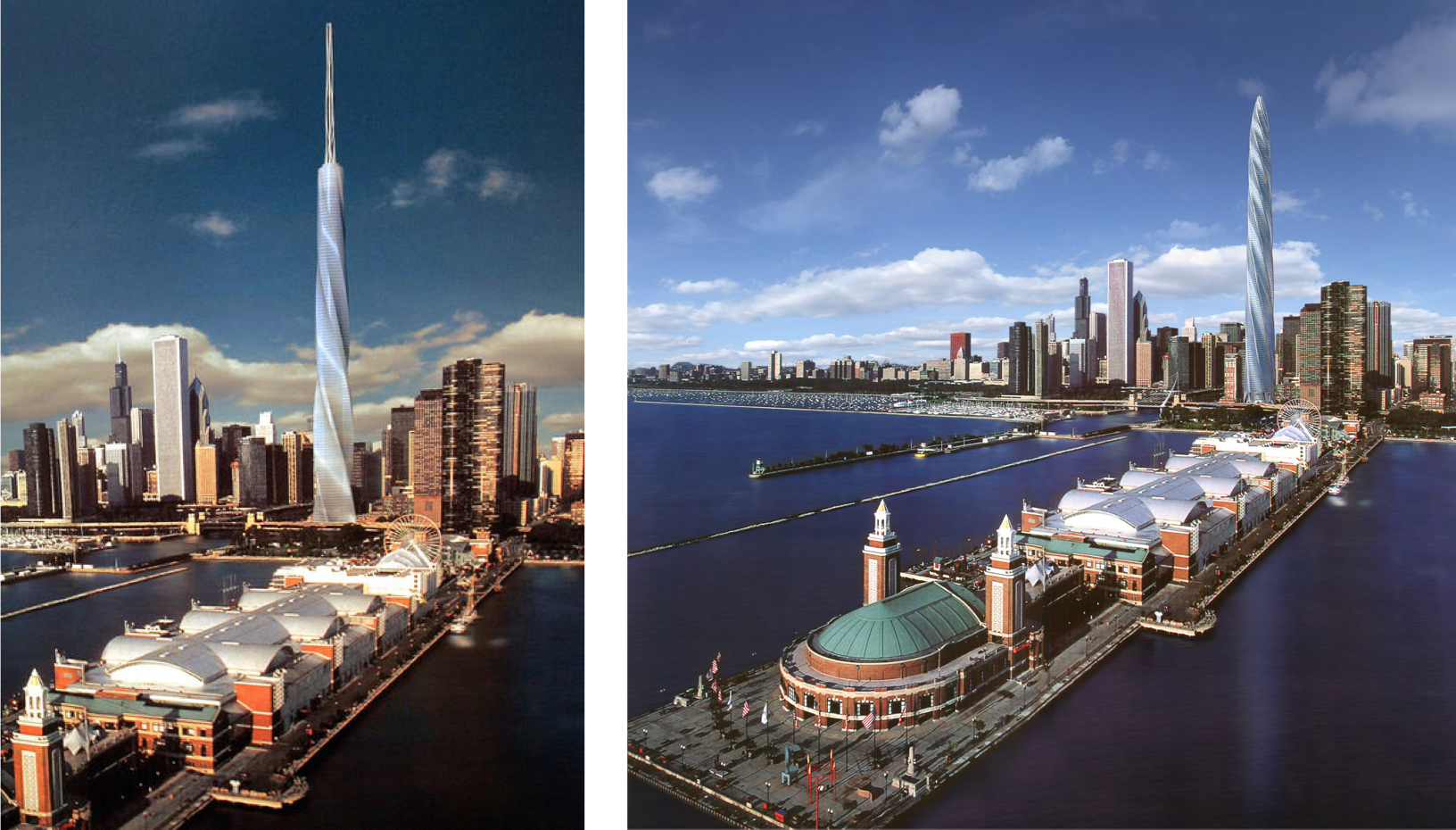 Original design of Chicago Spire (left) compared to final design (right)