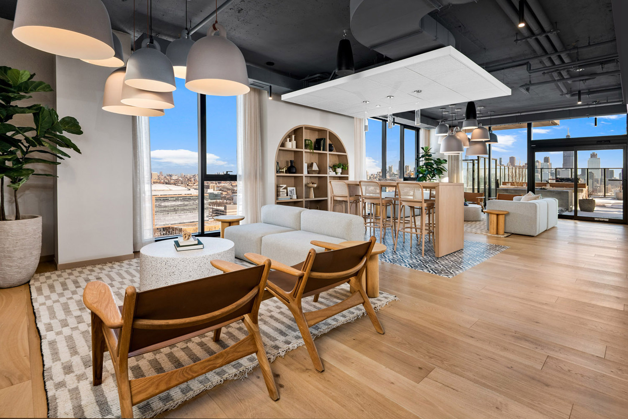 Amenity lounge at The Lydian via Marquette Companies