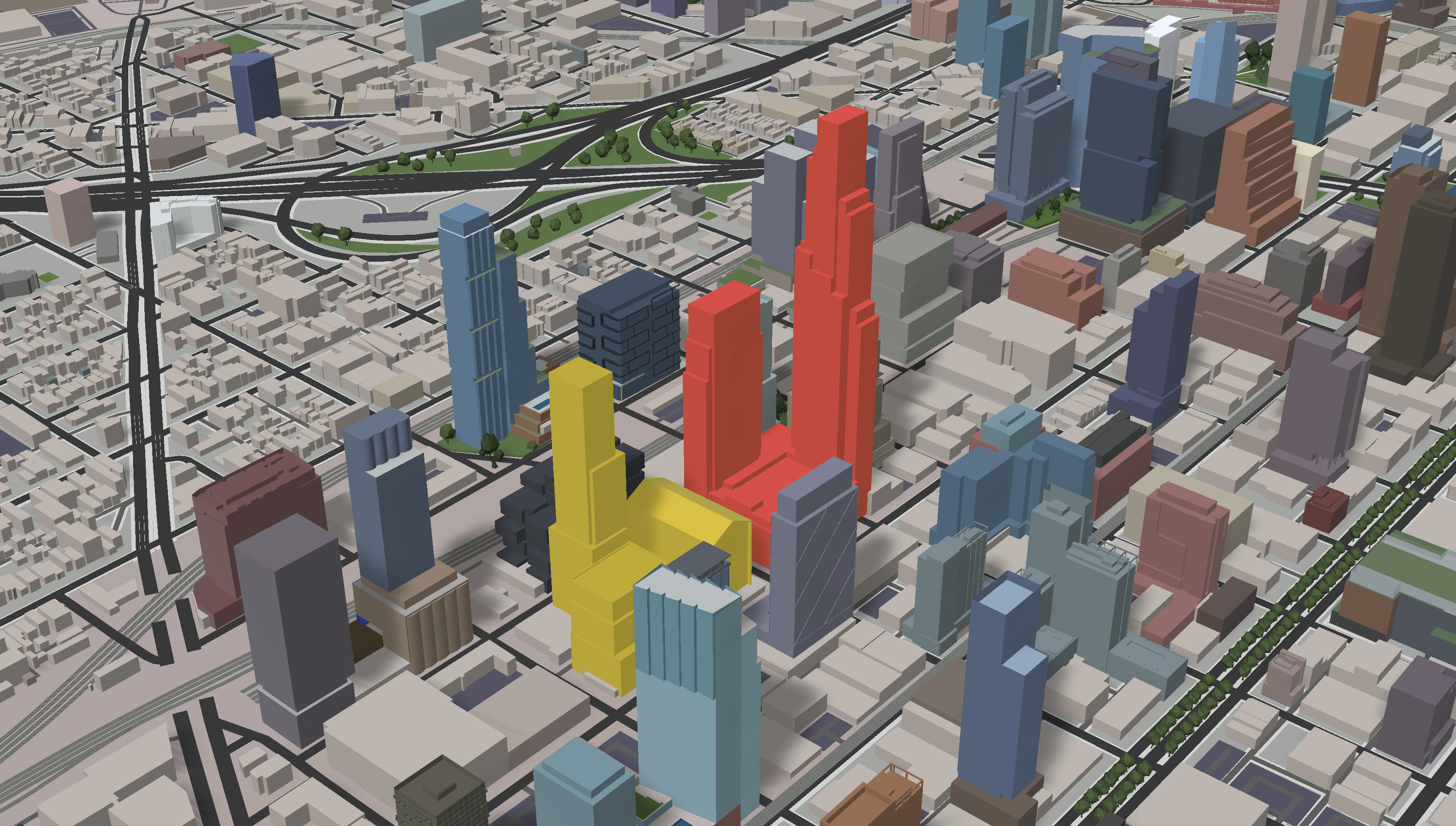 One Chicago (red) if it were placed next to 1200 W Fulton (gold). Model by Jack Crawford / Rebar Radar