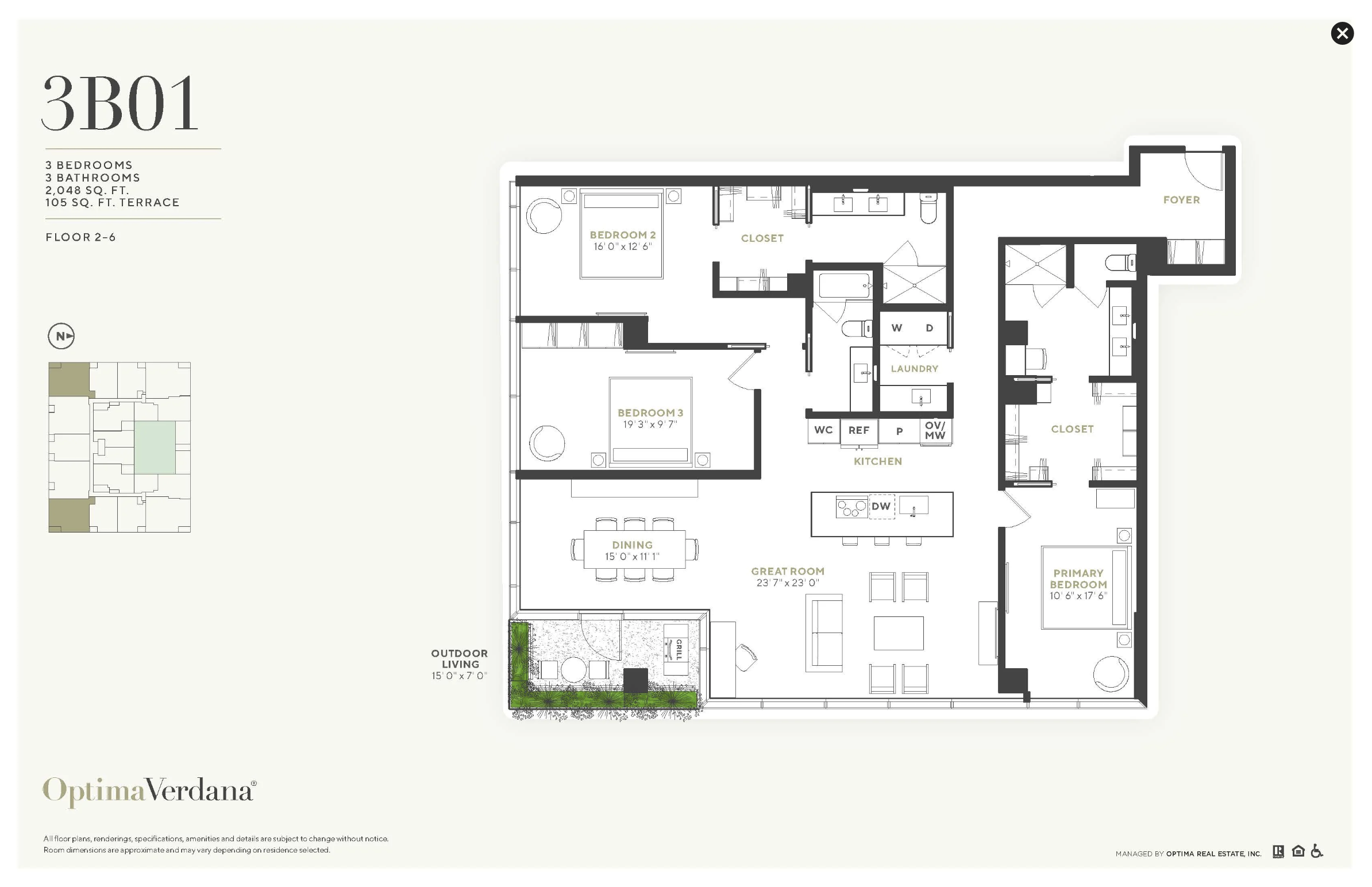 Sample three-bedroom floor plan via Optima