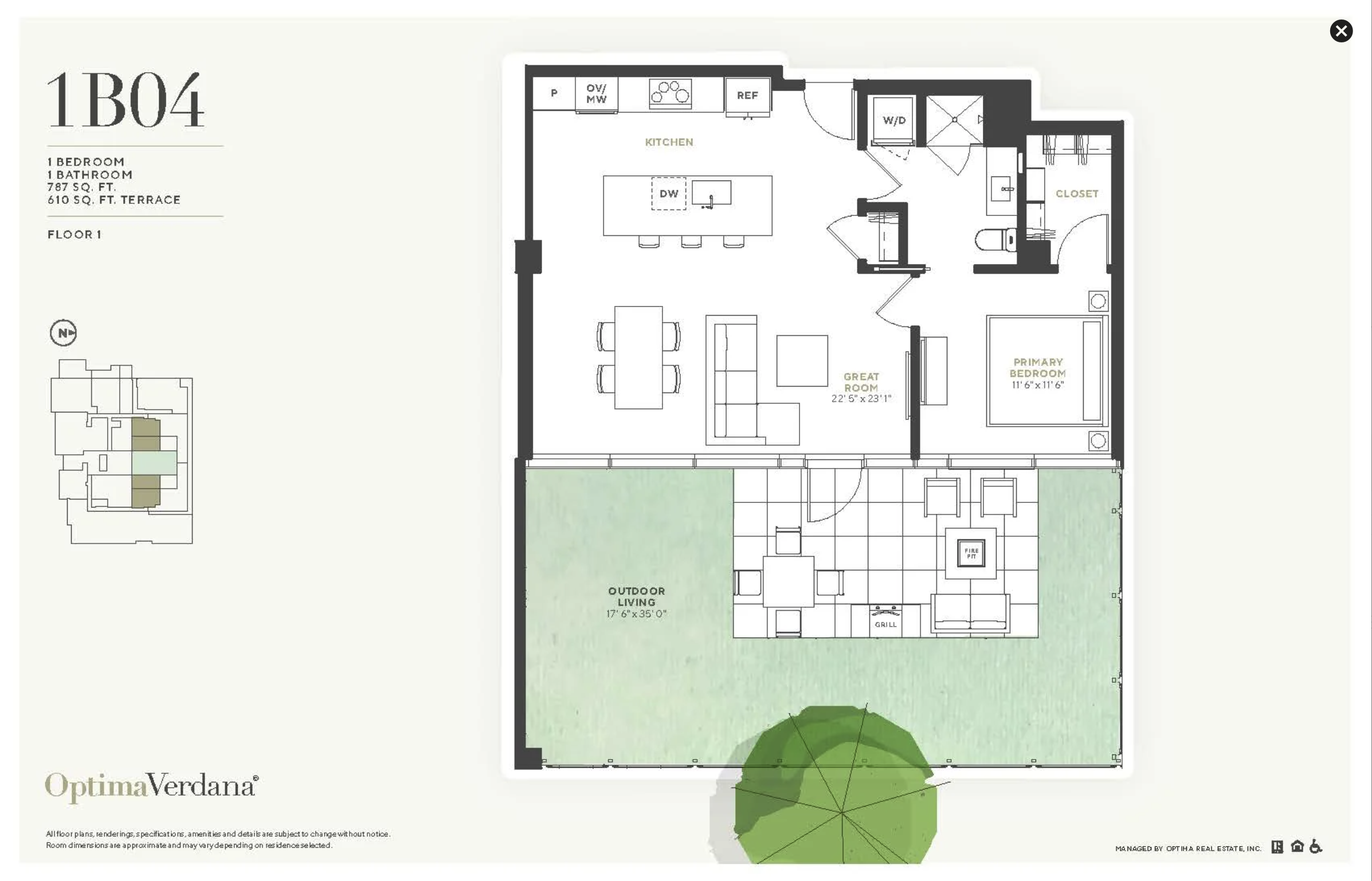 Sample one-bedroom floor plan via Optima
