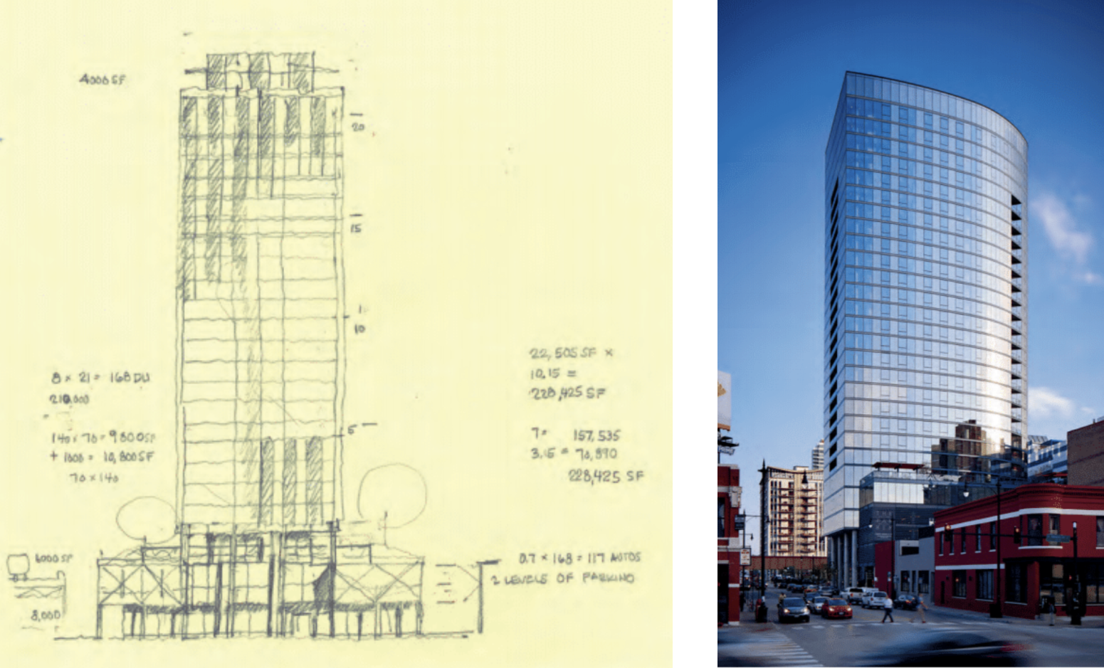 The Parker (2016). Drawing (left) by Booth Hansen; photo (right) by Dave Burk