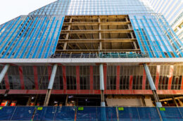 Renovation work on the east facade of the Thompson Center in The Loop.