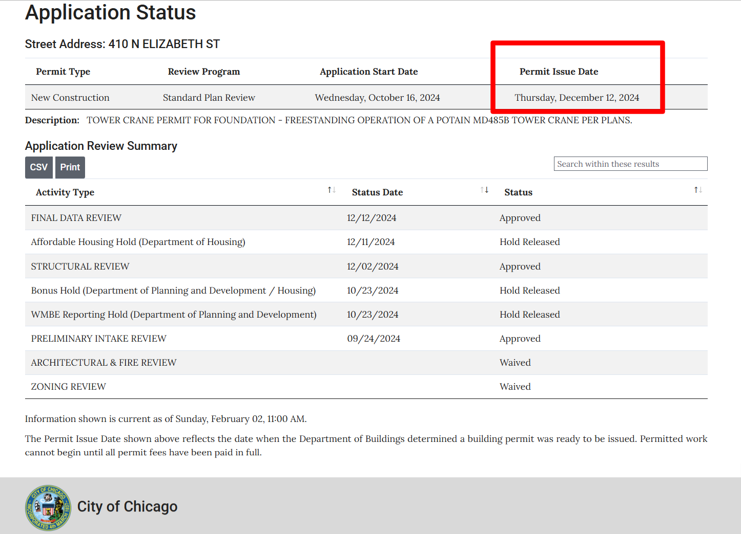 410 North Elizabeth tower crane permit