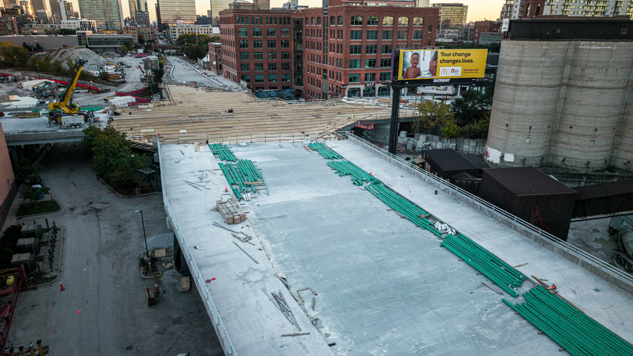 Patrick Williams aerial views Chicago Avenue Bridge and Halsted Street Viaduct